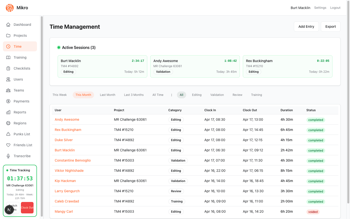 Built-in time tracking with live clocking, task switching, and exportable timesheets.