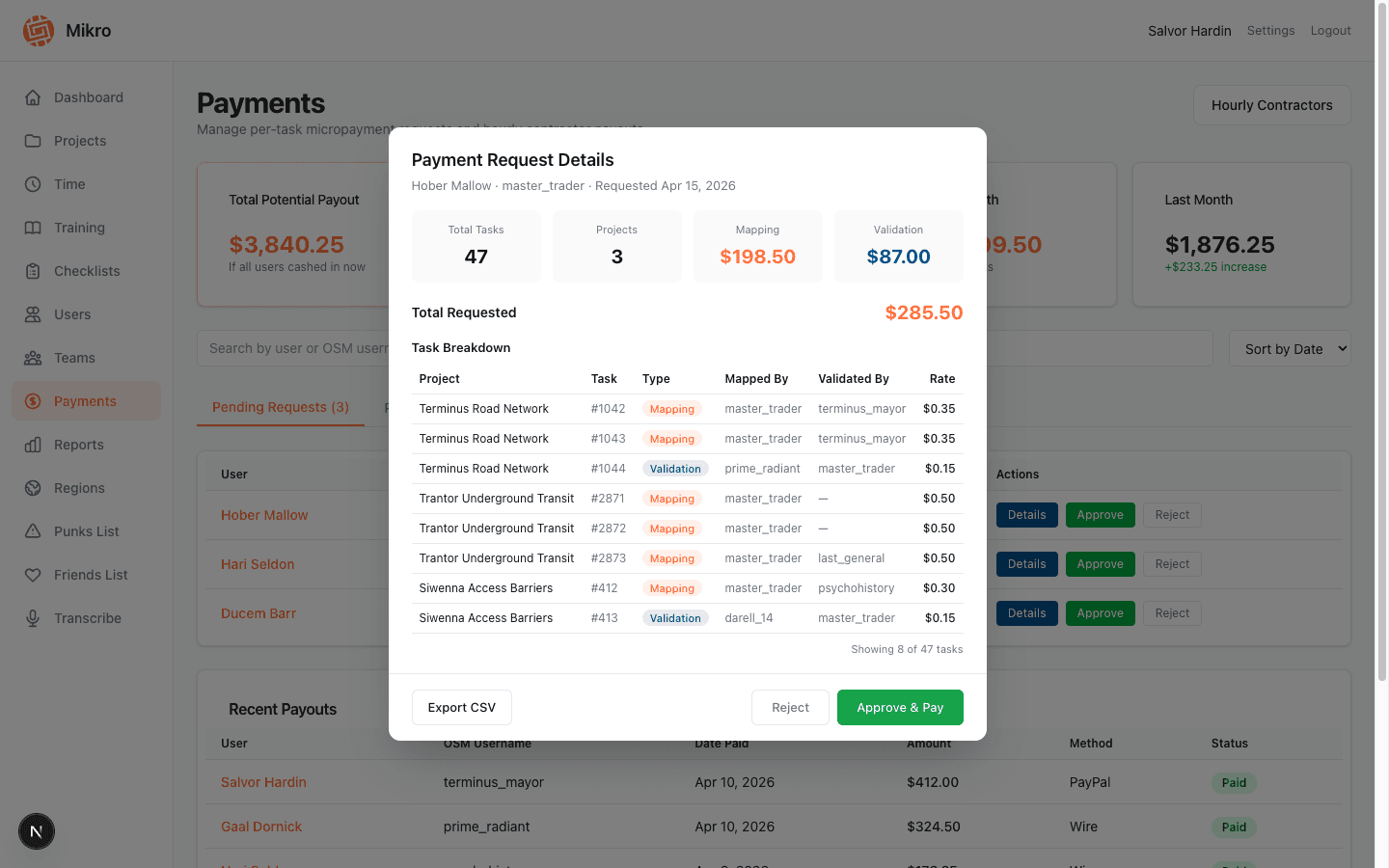 Flexible payment management — per-task micropayments and hourly rate tracking in one place.